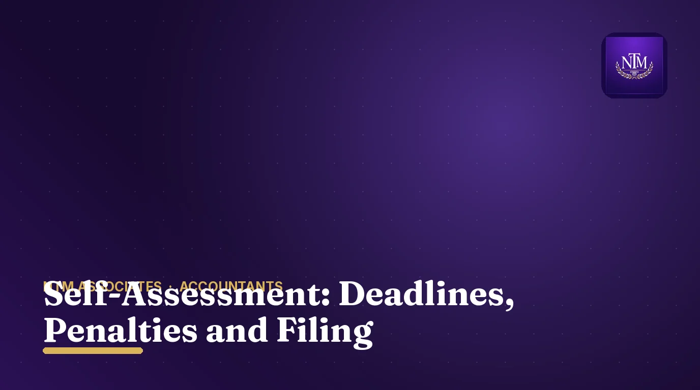 Illustration of self-assessment tax return deadlines and penalties on a purple background